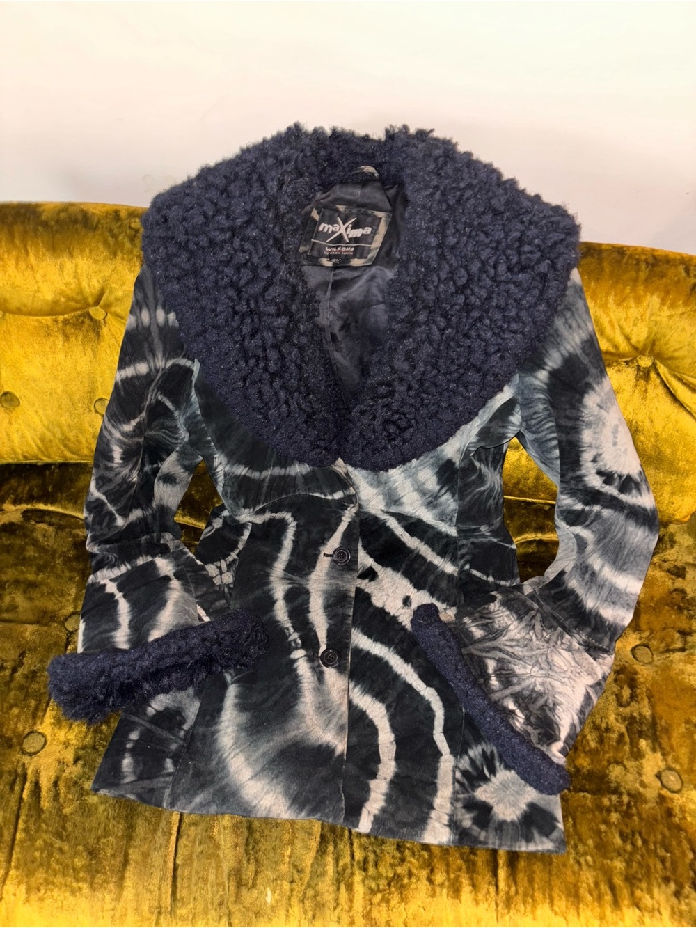 Maxima New York Women's Black Tie-Dye Leather and Shearling Collar Jacket Coat